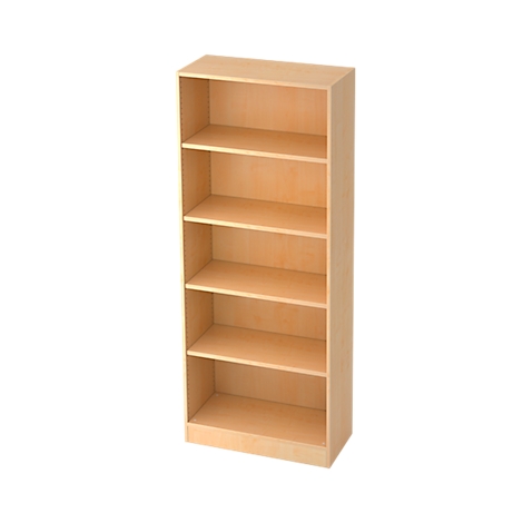 Beige wooden bookshelf with five shelves. The bookshelf is empty and stands against a white background.