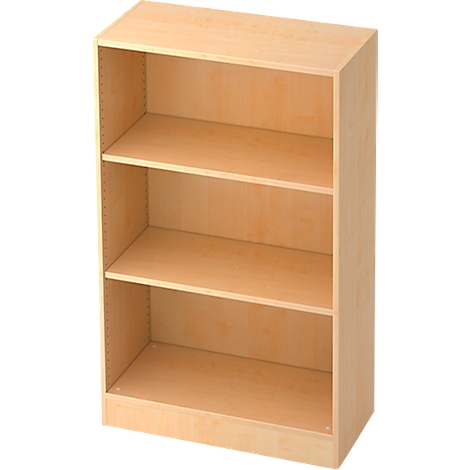 Beige bookshelf with three shelves. Smooth wood grain.