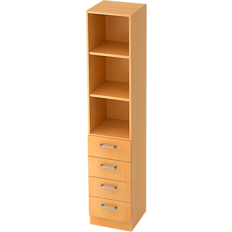 Tall, beige cabinet with open shelves and drawers. The drawers have silver handles.