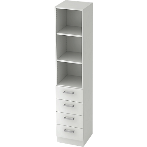 A white bookcase with open shelves and drawers; on a white background.