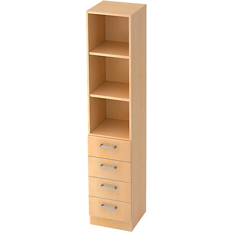 Tall, beige cabinet with shelves above and drawers below.