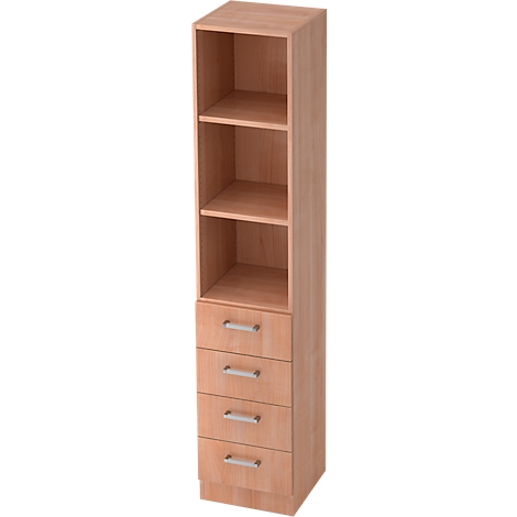 A tall, beige cabinet with three drawers and open shelves.