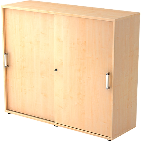 Light brown cabinet with two sliding doors, two handles and a lock.