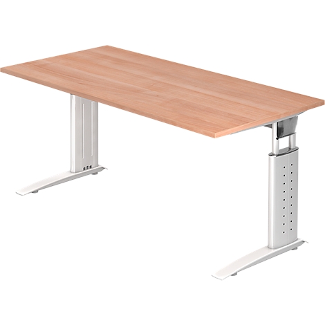 A height-adjustable desk made of light wood with white legs that are screwed to the table top.