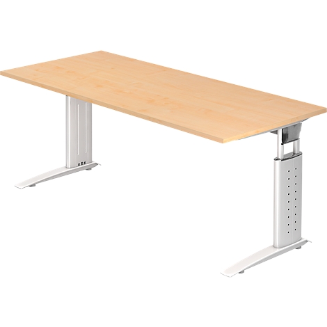 An adjustable-height desk with a wooden top and light gray frame. The legs are cylindrical with rectangular feet.