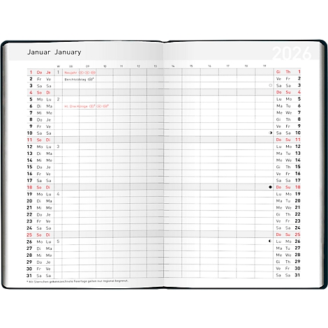 Kalender für Januar 2026, offen, mit Tages- und Monatsübersicht. Einige Tage sind mit Notizen versehen.