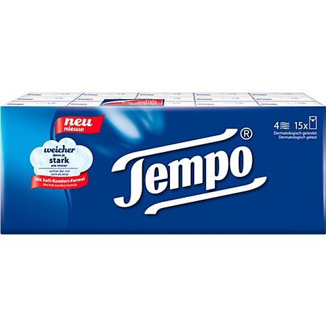 Blau verpackte Tempo Taschentücher-Box. Oben links 'neu', darunter ein Etikett mit 'weicher', 'stark' und 'mit Soft-Komfort-Formel'. Rechts: Tempo-Schriftzug.