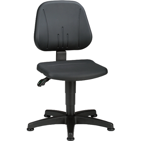Black office chair with backrest and wheels, against a white background.