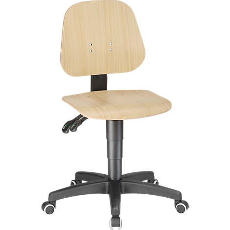 Beige office chair with wooden back, black base and wheels.