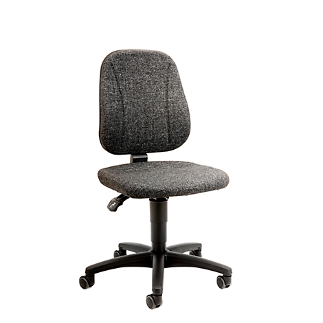 A grey office chair against a white background. The chair has a fabric back and seat, and a black frame with wheels.