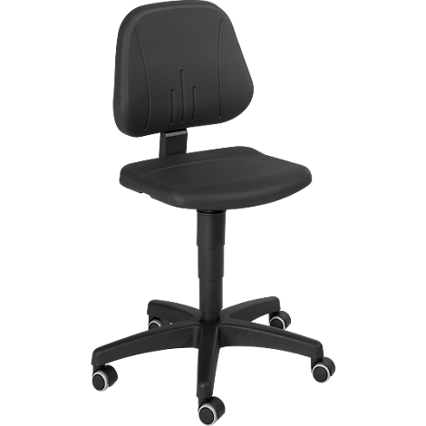 Black swivel chair with backrest, seat and wheels.