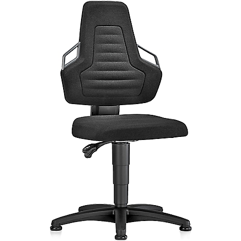 Black office chair, ergonomically designed, with high backrest and armrests.
