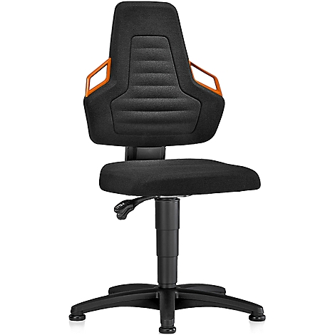 Black office chair with orange armrests and a high back. The chair is set against a white background.