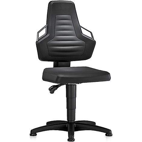 Black office chair, ergonomically designed, padded backrest, armrests, height adjustable.