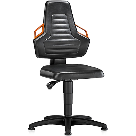Black office chair with orange armrests. The chair has a padded backrest and seat.