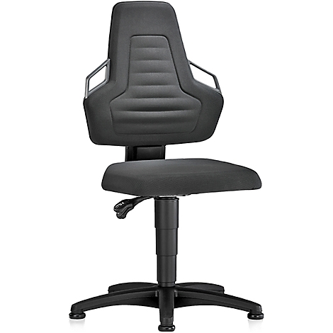 Front view of a black office chair. High backrest with armrests, seat, and base.