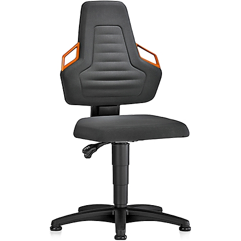 Black office chair with high back and orange armrests. Seat and back are upholstered. The chair stands on a black base.
