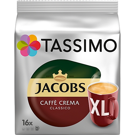A Tassimo coffee pod pack with Jacobs Caffe Crema Classico and a red XL cup of coffee.