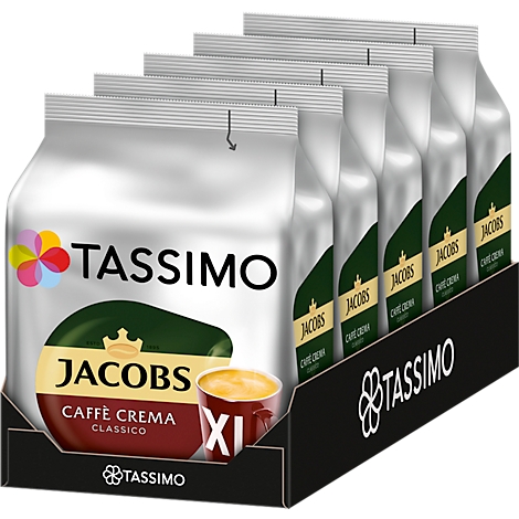 Package of Jacobs Caffè Crema coffee capsules in a black box.