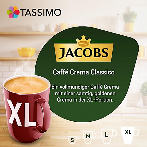 Red XL cup of Caffè Crema, next to product information with Jacobs logo, Tassimo logo.