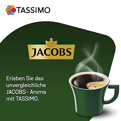 Green coffee cup with hot coffee, steam rising. Jacobs logo and advertising text.