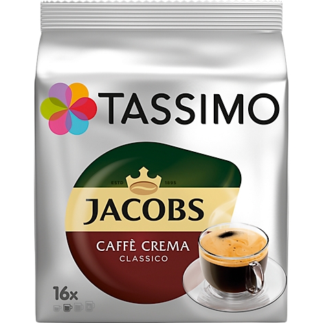 Un paquet de café Tassimo argenté avec Jacobs Caffe Crema. Une boisson au café est montrée dans le verre.
