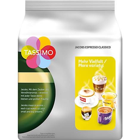 Emballage de Tassimo Jacobs Espresso Classico, avec des cercles colorés et des tasses de café comme exemples de variété.