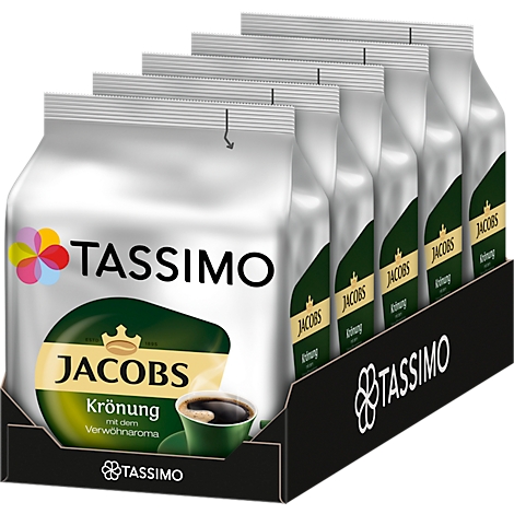 Paquet de capsules de café Tassimo Jacobs Krönung sur une étagère.