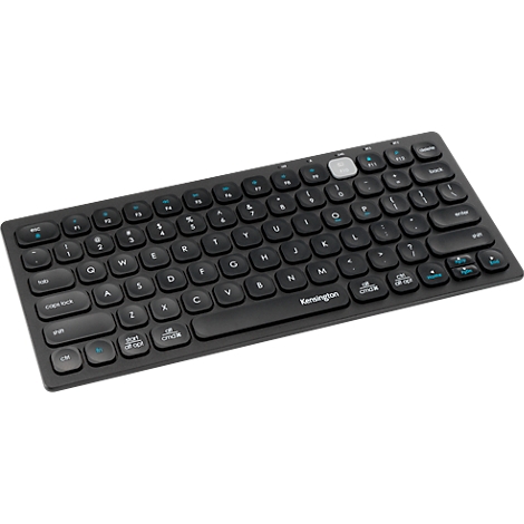 Schwarze Tastatur mit weißen und blauen Tasten und Kensington-Logo.