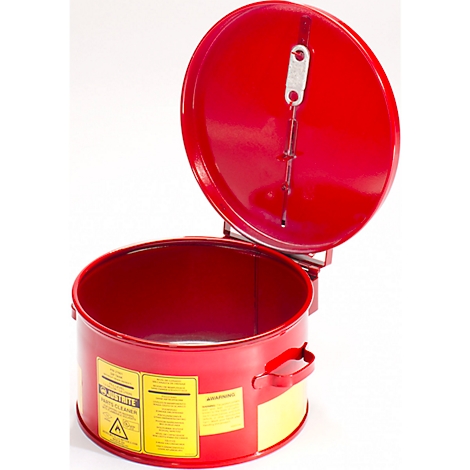 Roter, runder Sicherheitsbehälter mit geöffnetem Deckel. Gelbe Warnschilder mit Schriftzug.