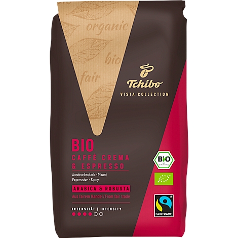 Paquet de café avec l'inscription 'BIO Caffe Crema & Espresso'. Avec des labels bio et fair trade. Intensité marquée en rouge.