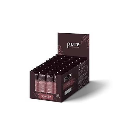 Verkaufsaufsteller mit mehreren einzeln verpackten Riegeln der Marke Pure Finesse vor weißem Hintergrund.
