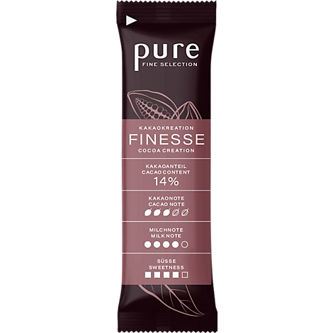 Braune Portionspackung Pure Fine Selection Finesse Kakaokreation mit 14 Prozent Kakaoanteil.