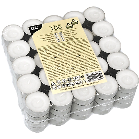 A pack of 100 tea lights wrapped in transparent foil. Label with product information.