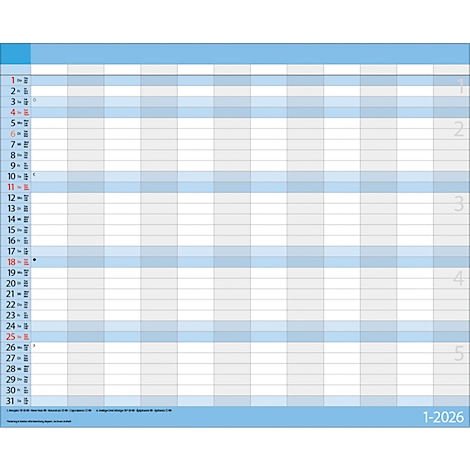 Calendrier mural bleu et gris 2026. Bleu en haut et sur le bord, avec des champs gris et lignés pour les jours et des colonnes pour les semaines.