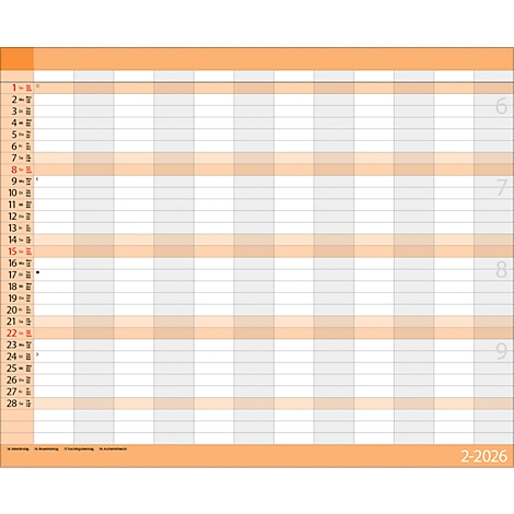 Un calendrier orange et blanc à carreaux, 2026, avec des dates du 1er au 28.