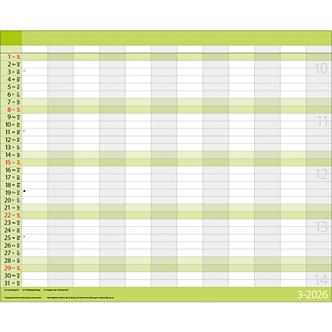 Calendrier mensuel en tons verts et blancs. Les jours sont numérotés, colonnes pour les notes disponibles. En bas, il est écrit 3-2026.