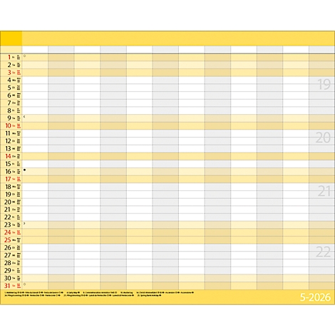 Calendrier mural jaune et gris pour mai 2026, avec des tableaux pour chaque jour.
