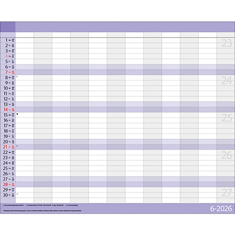 Calendrier mensuel dans les tons violets avec les dates et les champs quotidiens. La date 6-2026 est visible en bas à droite.