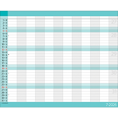 Calendrier mensuel avec des lignes horizontales bleu clair indiquant les jours. Le calendrier affiche les dates du mois de juillet 2026.