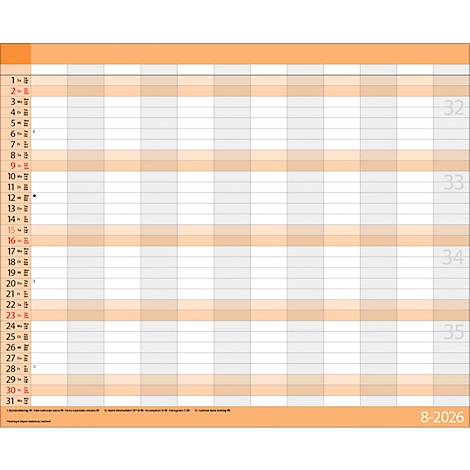 Un calendrier mensuel, cellules orange et grises, août 2026.