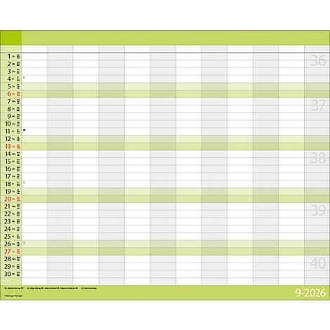 Calendrier mensuel de septembre 2026, avec des accents verts. Les jours sont numérotés et lignés.