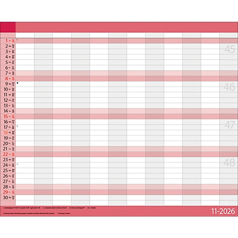 Calendrier mensuel avec des tableaux pour les jours. Des rayures horizontales roses divisent les jours. La semaine du calendrier est à droite.