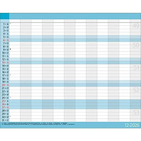 Un planificateur annuel bleu avec des champs blancs et bleu clair. Il y a une barre bleue en haut et en bas. La date est 12-2026.