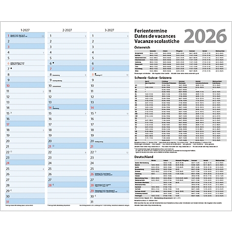 Calendrier des vacances scolaires pour 2026. Tableau des dates de vacances pour l'Autriche, la Suisse et l'Allemagne.