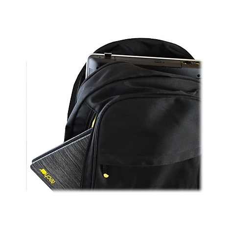 Schwarzer Rucksack mit Laptop und Tablet. Gelber Reißverschluss und Logo.