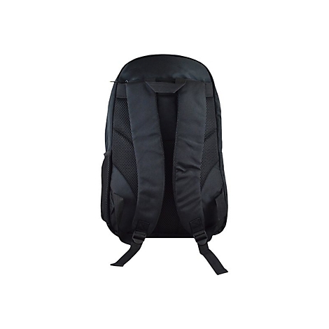 Schwarzer Rucksack, Rückansicht. Gepolsterte Träger, Mesh-Rückenteil, seitliche Netztasche.