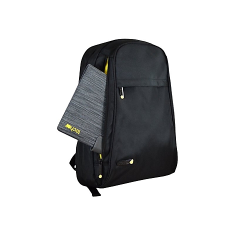 Schwarzer Rucksack mit grauem Tablet in der Seitentasche, gelbe Akzente und Logo.