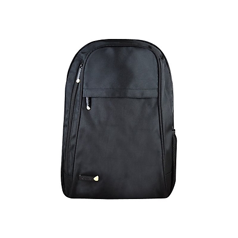 Schwarzer Rucksack, rechteckige Form mit Reißverschlüssen und zusätzlichem Fach.