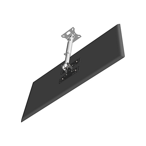 Schwarzgraue Deckenhalterung für Projektor, von unten gesehen. Metallkonstruktion, an der eine rechteckige Platte befestigt ist.